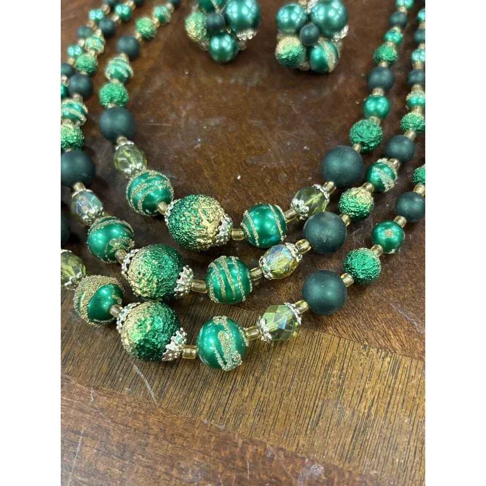 Vintage 1950s Japan Green Sugar Bead Triple Strand Necklace Clip Earrings Set